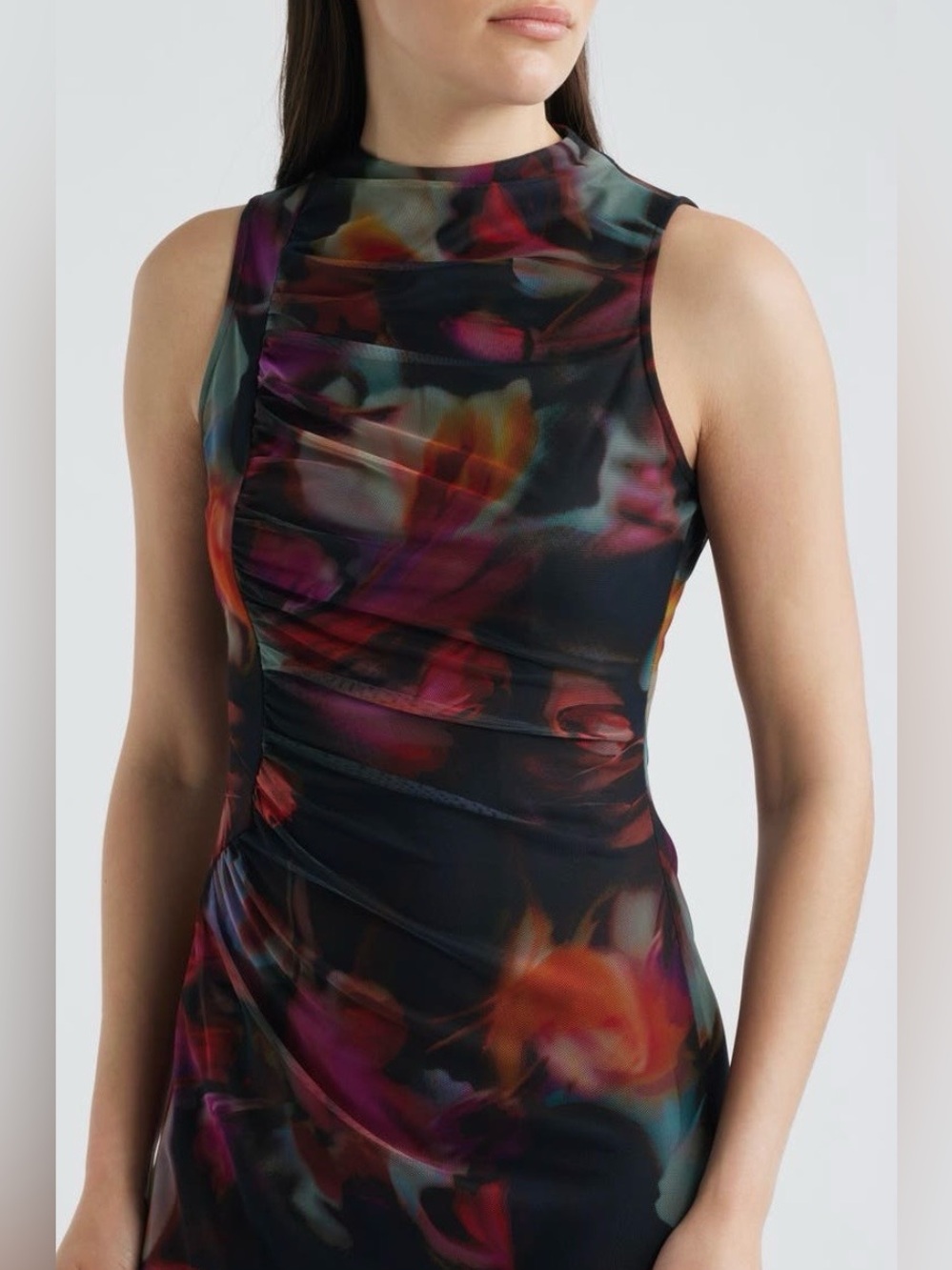 Vince Camuto Floral Printed Mesh Shirred Midi Dress NWT - Picture 4 of 16